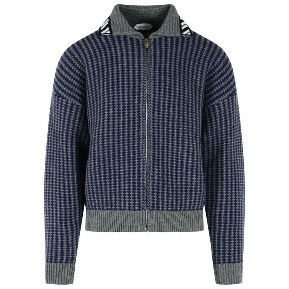 Versace Blue And Grey Knit Zip Cardigan Men